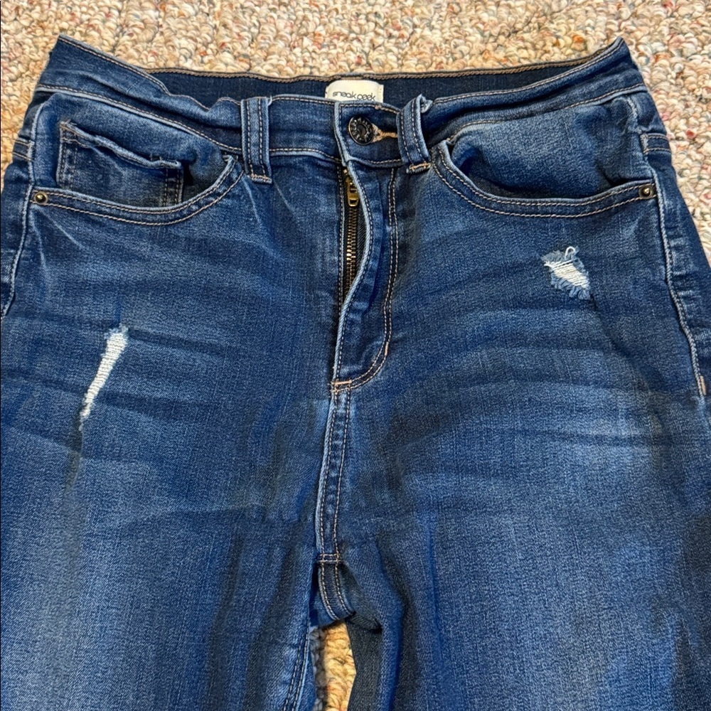 Sneak Peek Dark Blue Distressed Denim high rise Ankle Jeans size 9 - Picture 3 of 5